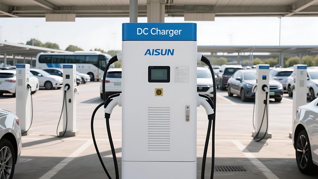 Commercial EV fleet charging infrastructure in a parking depot with scalable fast chargers