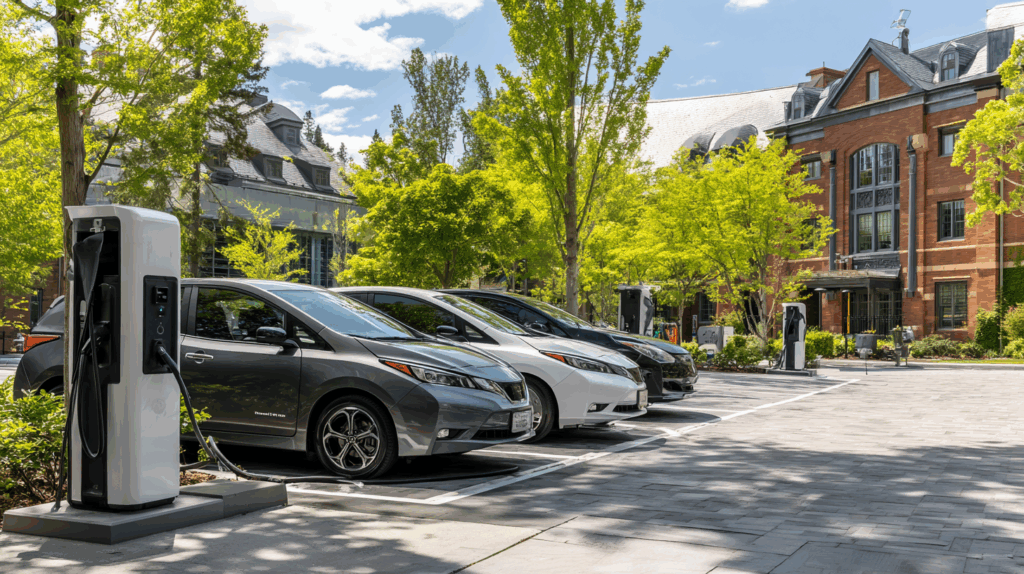 EV parked in front of a modern university building with charging station